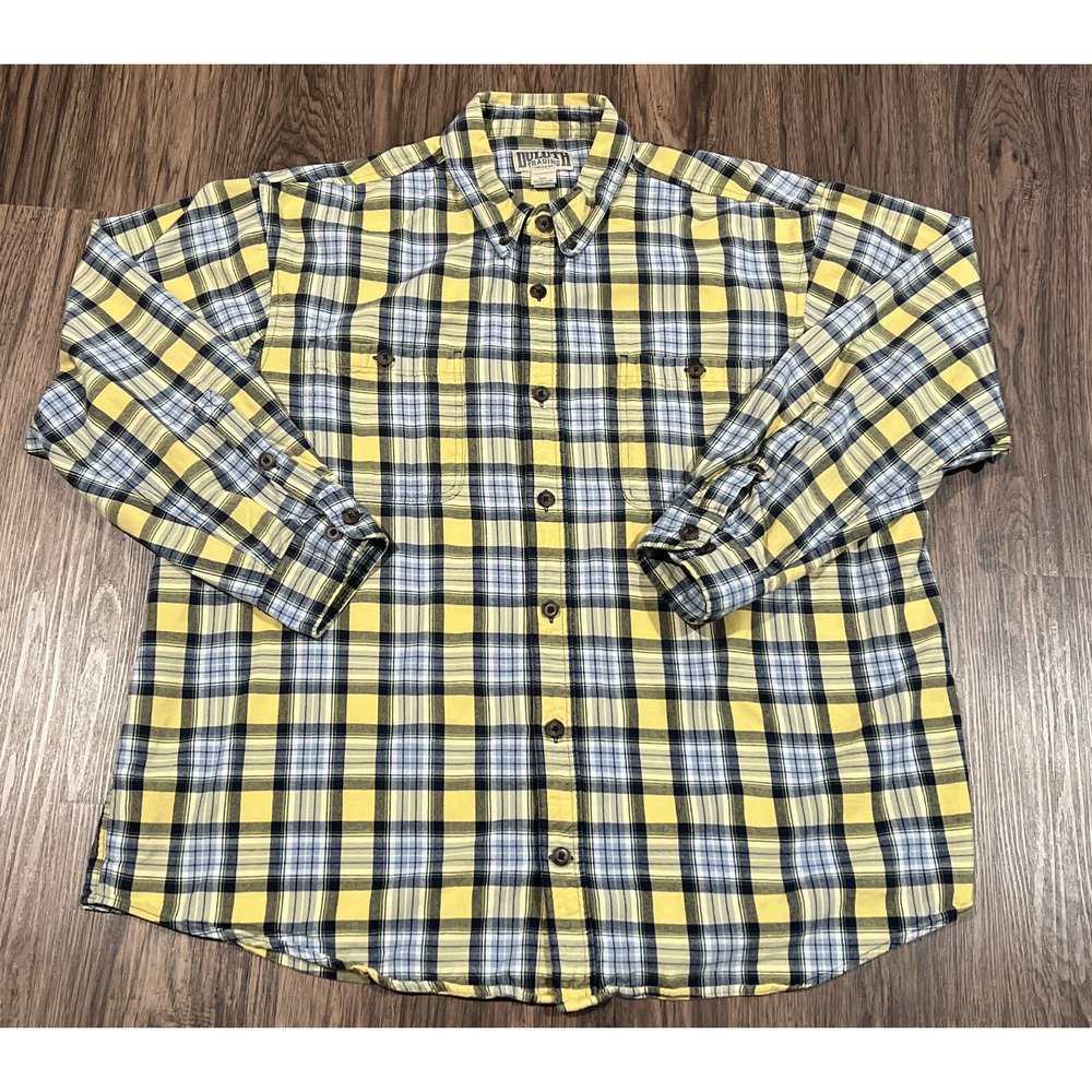 Duluth Trading Shirt Men XL Yellow Blue Button Up Plaid Flannel Adult